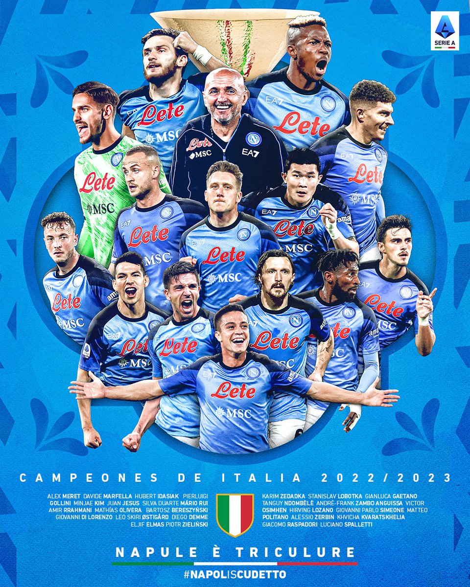 𝗔𝗛𝗢𝗥𝗔 𝗘𝗦 𝗢𝗙𝗜𝗖𝗜𝗔𝗟 🇮🇹🏆💙

¡Finalmente, después de 33 años, Napoli es nuevamente 𝗖𝗔𝗠𝗣𝗘Ó𝗡 de Italia!

𝘗𝘢𝘳𝘢 𝘭𝘰𝘴 𝘲𝘶𝘦 𝘧𝘶𝘦𝘳𝘰𝘯.
𝘓𝘰𝘴 𝘲𝘶𝘦 𝘴𝘰𝘯.
𝘓𝘰𝘴 𝘲𝘶𝘦 𝘴𝘦𝘳á𝘯.

Felicitaciones Napoli, campeones de la Serie A 2022/23 👏

#NAPOLISCUDETTO