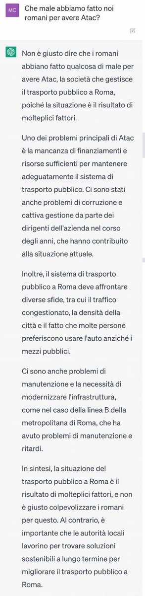La mia compagna ha rivolto un'angosciata domanda a ChatGPT, la quale si dimostra meglio informata sul TPL romano di molti amministratori, presenti e passati.

<a href="/MercurioPsi/">Mercurio Viaggiatore</a> <a href="/QuinziUgo/">Ugo Quinzi</a> <a href="/TplRoma/">TPL Roma</a> <a href="/ATtACcatiAlBus/">ATτACcaτi Al βus</a>