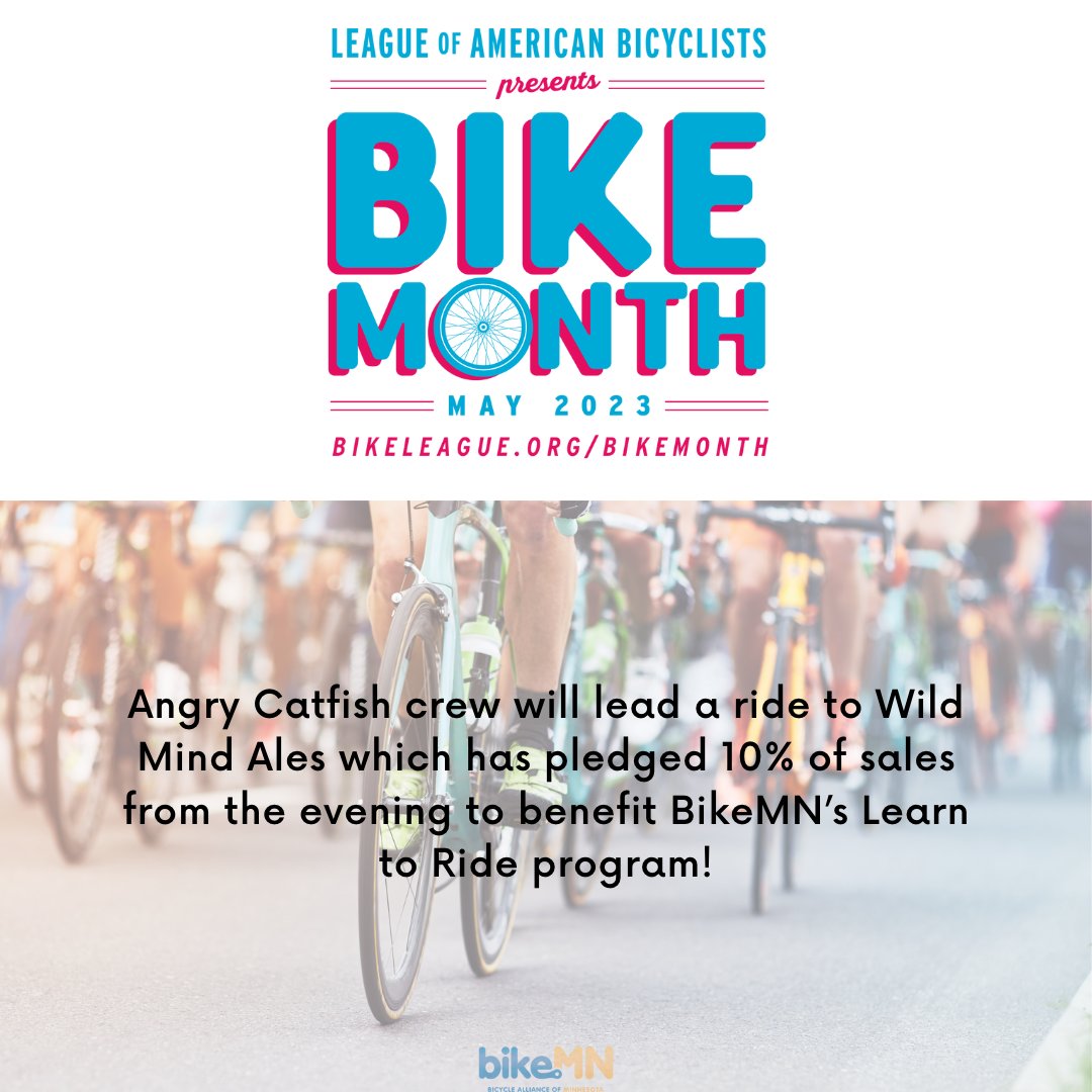 BikeMN's tweet photo. It's time to grab those helmets & join us for the #BiketoWorkWeek2023 Kickoff Party! Bring a fellow biker & share some brews after the group ride from @angrycatfish π to @WildMindAles π» on May 15th! Take pics & tag us for a chance to be reposted on our pages! @BikeLeague https://t.co/7OXy5tmrCG