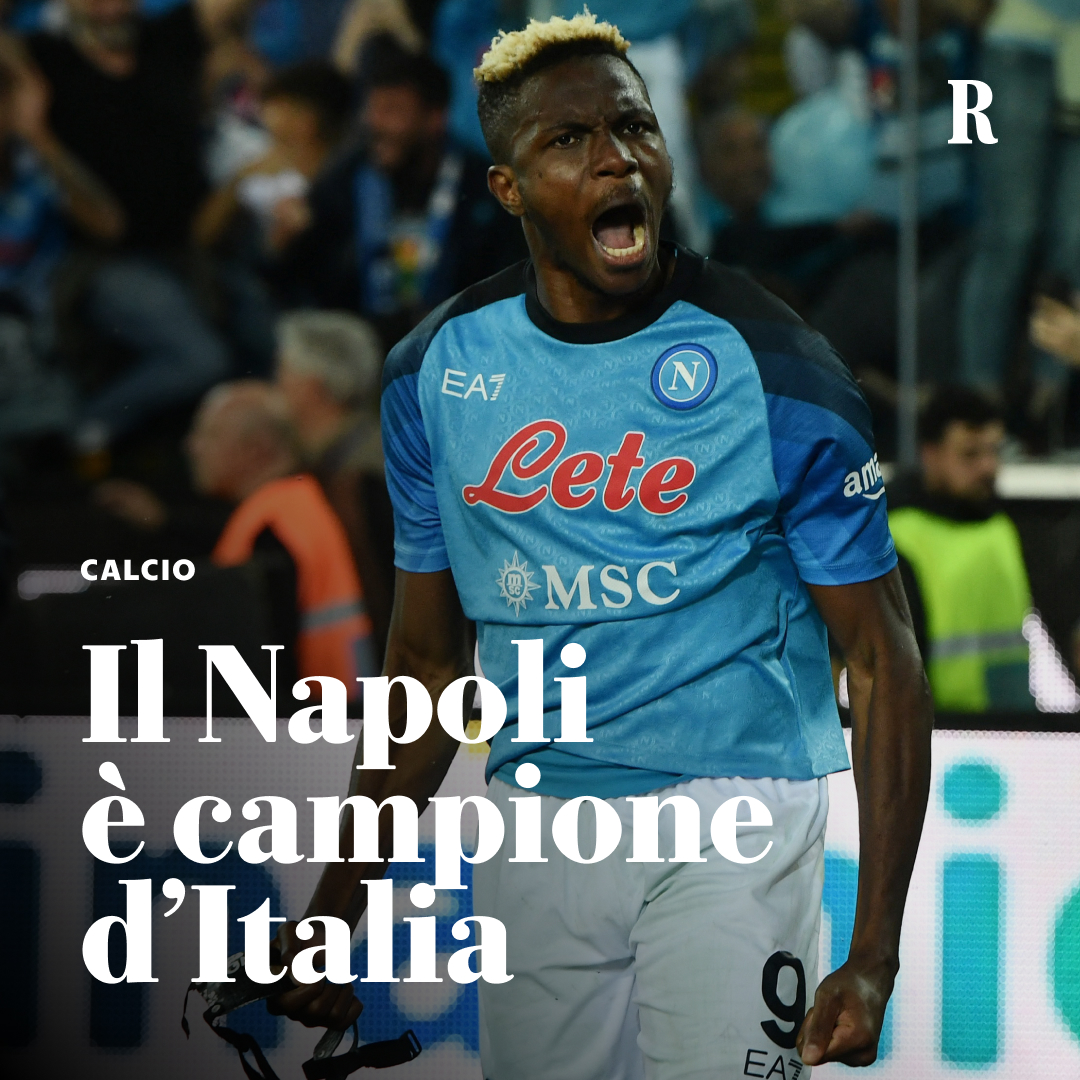 repubblica's tweet photo. Il #Napoli è campione d’Italia. La squadra di Luciano Spalletti ha vinto lo scudetto, con cinque giornate d'anticipo sulla fine del campionato e a 33 anni di distanza dall'ultimo tricolore conquistato dai partenopei https://t.co/fk0rUwp5CX