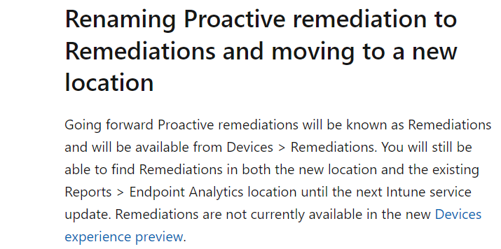 panusaukko's tweet photo. I like that #MSIntune (Proactive) Remediations will be moved out from #EndpointAnalytics. Hopefully the change will be part of Intune 2305 build. https://t.co/NpAYTatt9d https://t.co/RMkrHpYiLV