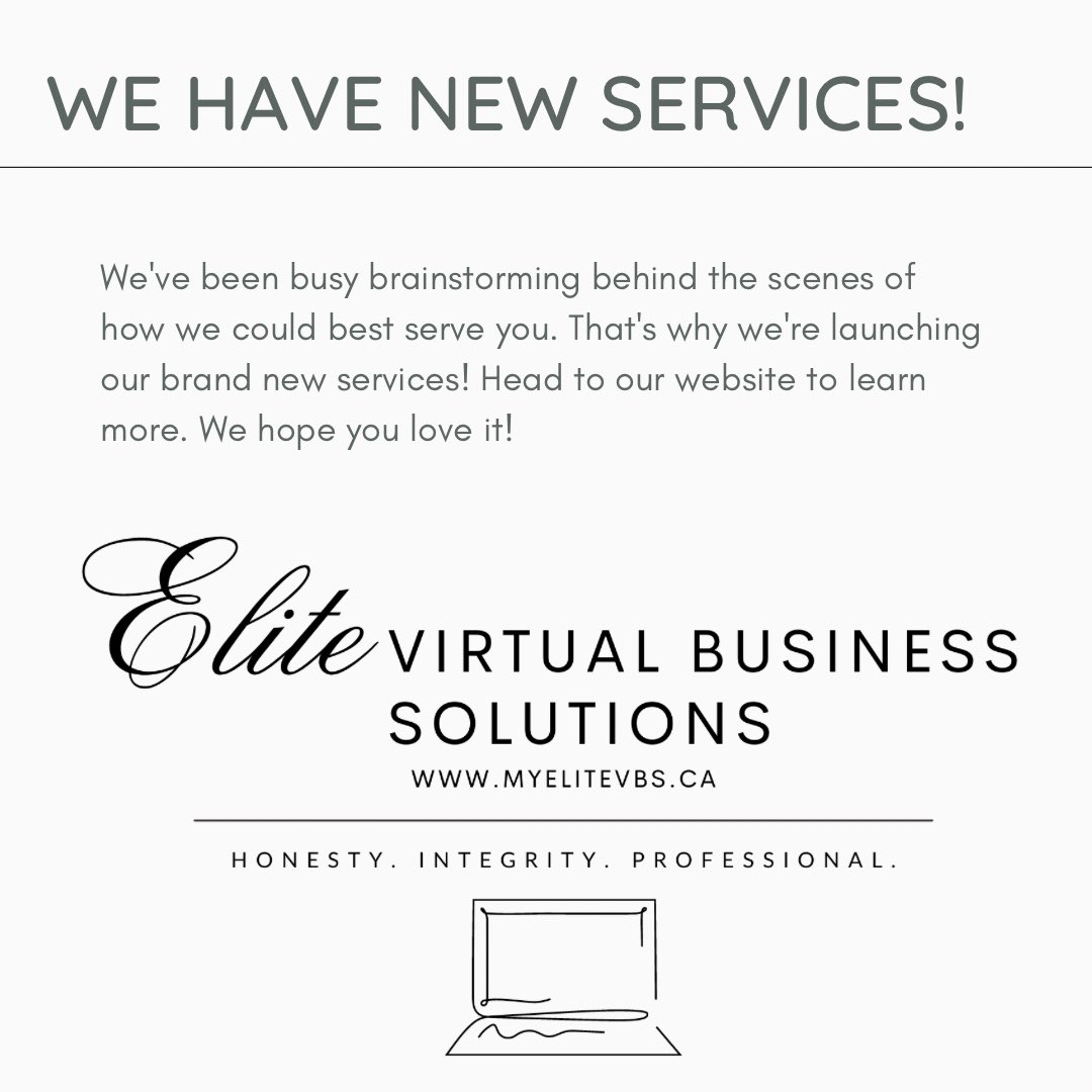 We are super excited to announce that we are offering NEW services!!!!

Click here for more info: myelitevbs.ca

#elitevbs #elitevirtualbusinesssolutions #yegva #yegvirtualassistant #newservices #customerlove #edmonton #yeg #alberta #canada #calgary #yeglocal #yeggers