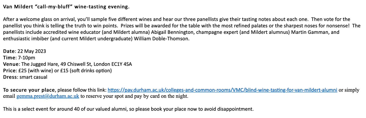 Van Mildert College (@vanmildert1965) on Twitter photo Calling all Van Mildert Alumni! Join us for a wine tasting evening in London on 22 May. Details below. Reserve your spot here: pay.durham.ac.uk/colleges-and-c⦠or by emailing gemma.prest@durham.ac.uk. Calling all Van Mildert Alumni! Join us for a wine tasting evening in London on 22 May. Details below. Reserve your spot here: pay.durham.ac.uk/colleges-and-c⦠or by emailing gemma.prest@durham.ac.uk.