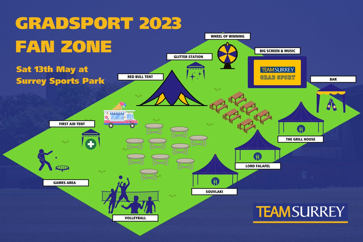 GradSport 2023 will be underway this time next week at <a href="/Surreysportpark/">Surrey Sports Park</a>! 🤩

Here's a look at the Fan Zone for Saturday 13th May with games, the Wheel of Winning, a big screen, refreshments &amp; more 🎪