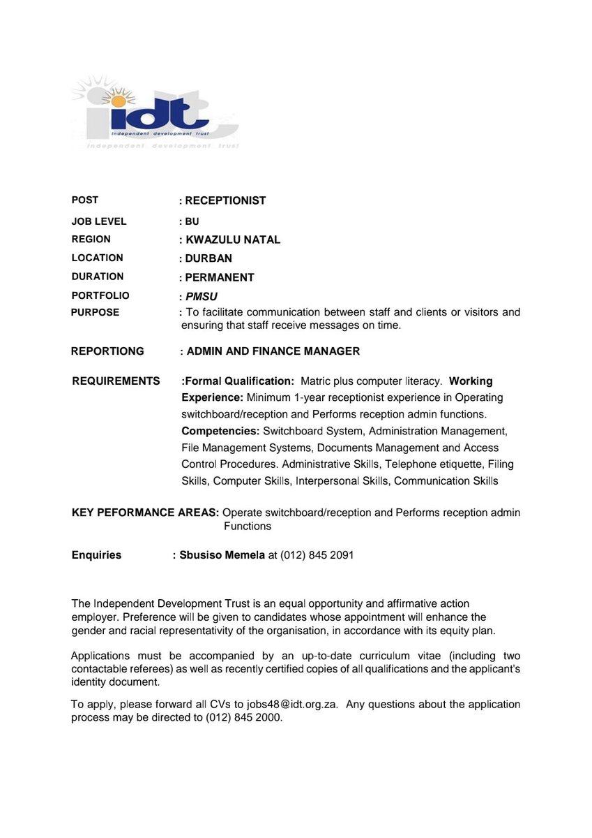 Approved Jobs SA on Twitter "IDT is looking for a Receptionist