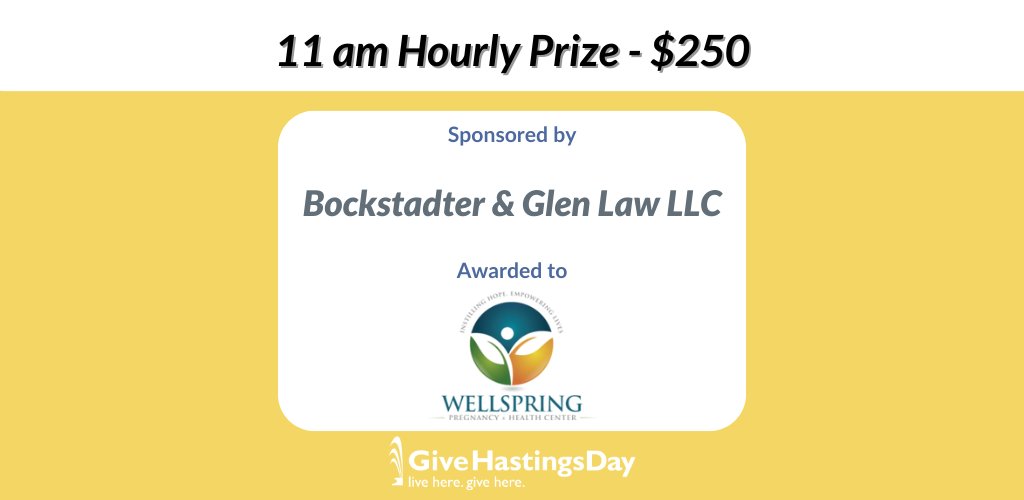 Congrats to Wellspring Pregnancy + Health Center for winning the 11 am hourly prize. An extra $250 will go to this nonprofit thanks to Bockstadter &amp; Glen Law LLC. Thank you!