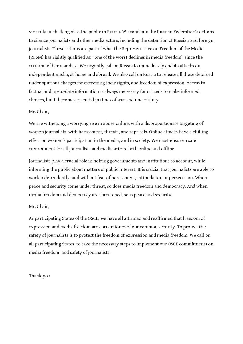 At today's PC, #OSCE's Group of Friends on #SafetyofJournalists made a joint statement on  #WorldPressFreedomDay📰

For 30 years, this day has served as a reminder of the need to ensure the #SafetyofJournalists, an issue which is now more pressing than ever.