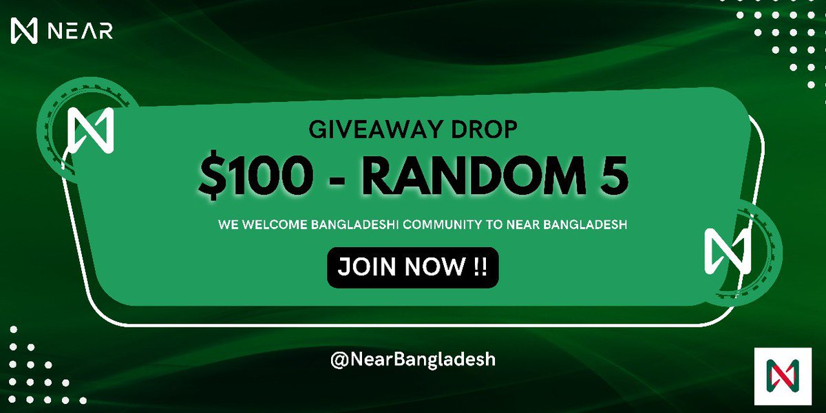 Near Bangladesh (@nearbangladesh) on Twitter photo 🚀Exciting news🚀
😍#NEAR Bangladesh Community is launching🇧🇩
🎁REWARDS🎁
$100 RANDOM 5
⏲️72hrs
How to join:
✅ Follow <a href="/nearbangladesh/">Near Bangladesh</a>
✅ Like & Retweet
✅ Join Tg: t.me/nearbd
✅This airdrop is exclusively for #Bengali #community #Bangladesh #Airdrop #Giveaway 🚀Exciting news🚀
😍#NEAR Bangladesh Community is launching🇧🇩
🎁REWARDS🎁
$100 RANDOM 5
⏲️72hrs
How to join:
✅ Follow <a href="/nearbangladesh/">Near Bangladesh</a>
✅ Like & Retweet
✅ Join Tg: t.me/nearbd
✅This airdrop is exclusively for #Bengali #community #Bangladesh #Airdrop #Giveaway