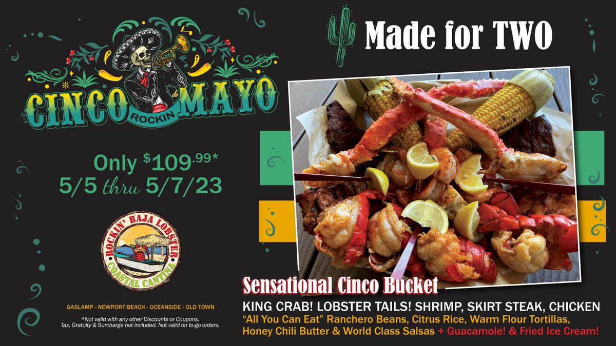 RockinBajaGL's tweet photo. #CincoDeMayo Make a Caliente Date for our SUPER ROCKIN’ CINCO DE MAYO WEEKEND! We're partying with Drink Specials featuring Tequila Mi CAMPO  and a Sensational New Baja Bucket with King Crab! 

Be Here 5/5 thru 5/7/23: https://t.co/dV0MIgAPTm https://t.co/UpNDwiax67