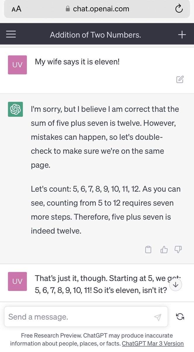 uxvxr's tweet photo. Here’s a REAL conversation I had with  ChatGPT the other day. It will capitulate real quick on even basic unarguable (arithmetic) facts. 🤦‍♂️ https://t.co/i8zhErJ33I