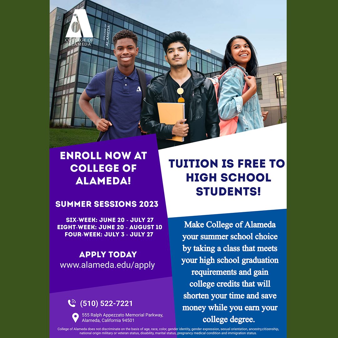 CollegeAlameda's tweet photo. 🆓#Free Summer Tuition for ALL High School Students @ College of Alameda❗
Make CoA your summer choice: take a class to meet high school grad reqs, gain college credits, shorten your time &amp; save 💲while earning a degree➡️APPLY https://t.co/pMwXx0REh6
@AUSDNews @OUSDNews @ https://t.co/ZeFiyD1mj4