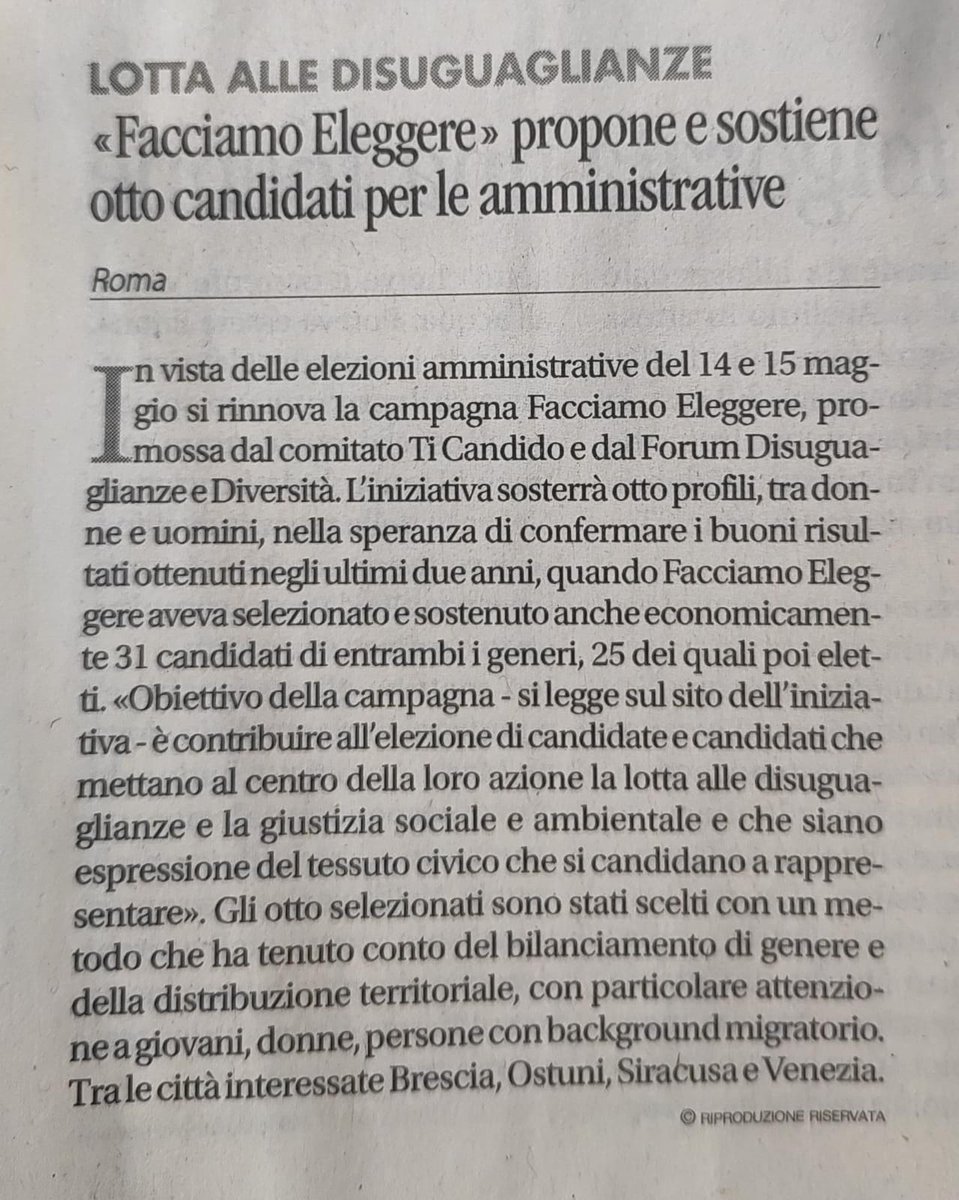 Il 14 e 15 maggio oltre 700 comuni andranno al voto. Anche quest'anno sosteniamo con #FacciamoEleggere, promossa con <a href="/ticandido_/">Ti Candido</a> , 8 candidati e candidate che si battono per obiettivi di giustizia sociale e ambientale.Scopri chi sono
👉bit.ly/FacciamoElegge…
🗞Su <a href="/Avvenire_Nei/">𝐀𝐯𝐯𝐞𝐧𝐢𝐫𝐞</a>👇