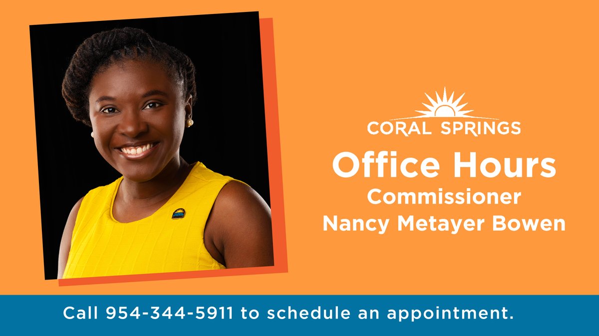 Residents can schedule an appointment with me to discuss any city-related issues during my office hours on Thursday, May 11 or Thursday, May 25 from 3:30 to 5:30 p.m. at City Hall (9500 W. Sample Rd.) by calling (954) 344-5911.