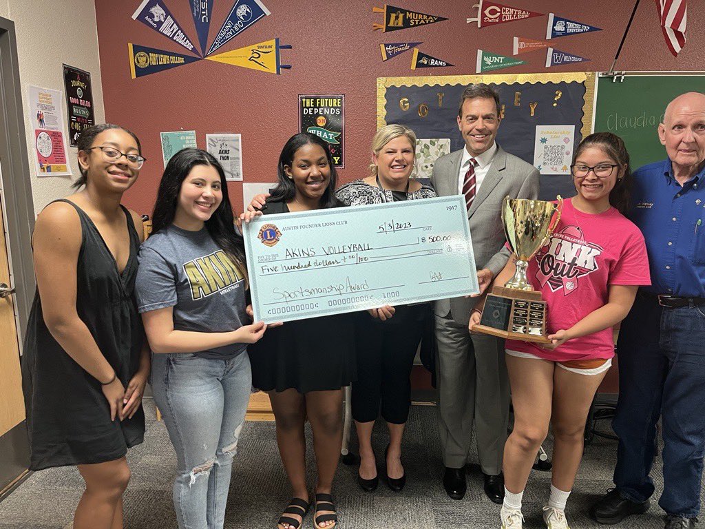 Coach Mandy Thomas (@coach_thomas91) on Twitter photo Congratulations the <a href="/AkinsVolleyball/">Akins Volleyball</a> program for receiving the Austin Founder Lions Club Sportsmanship Award. This is a huge honor for our coaches, athletes and community! <a href="/AkinsAISD/">Akins Early College High School</a> <a href="/AISDAthletics/">Austin ISD Athletics</a> <a href="/AustinISD/">Austin ISD</a> Congratulations the <a href="/AkinsVolleyball/">Akins Volleyball</a> program for receiving the Austin Founder Lions Club Sportsmanship Award. This is a huge honor for our coaches, athletes and community! <a href="/AkinsAISD/">Akins Early College High School</a> <a href="/AISDAthletics/">Austin ISD Athletics</a> <a href="/AustinISD/">Austin ISD</a>