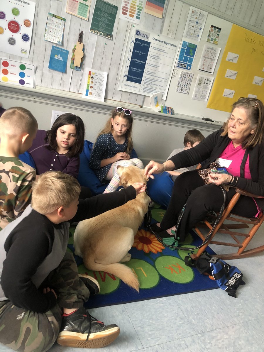 MrsGheesling's tweet photo. We had a visit from the Watauga High Country Therapy Dogs and our kids did a lesson on self-control with him. They were able to see the importance of self-control and also practice with Cooper, the sweetest dog ever! 🐶💚 https://t.co/BNTMvS540l