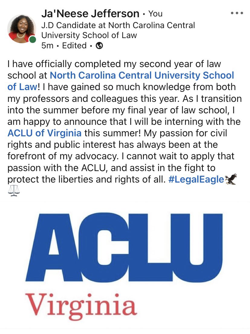 JaNeese_J's tweet photo. I have officially completely my second year of law school! Two years down, one year to go 😄. Also, I cannot wait to begin my internship with the ACLU of Virginia this month. The fight for liberties and justice continues ⚖️🤎 #NCCULaw #FutureBlackLawyer https://t.co/kLMyvtEEp6
