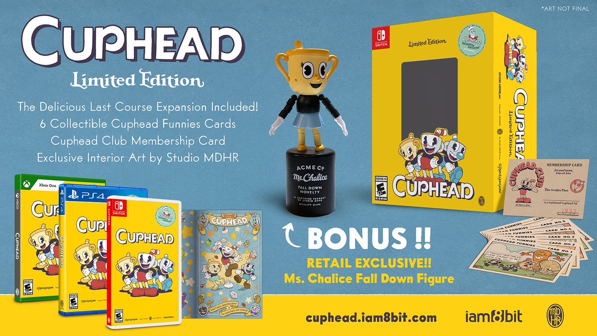 Introducing...the Cuphead Limited Edition! This retail exclusive physical edition comes complete with all the pack-in goodies, PLUS a Ms. Chalice Fall Down Figure designed with vintage materials to feel like a true 1930s toy! Find a retailer now at cuphead.iam8bit.com!!