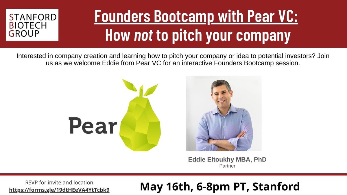Join us on 5/16 at 6 pm for a Founders Bootcamp with <a href="/eddie_eltoukhy/">Eddie Eltoukhy</a> from <a href="/pearvc/">Pear VC</a> to learn how *not* to pitch your company to investors! Small group case studies on common pitfalls will be followed by refreshments and networking. RSVP for more details: forms.gle/19dtHEeVA4YtTc…