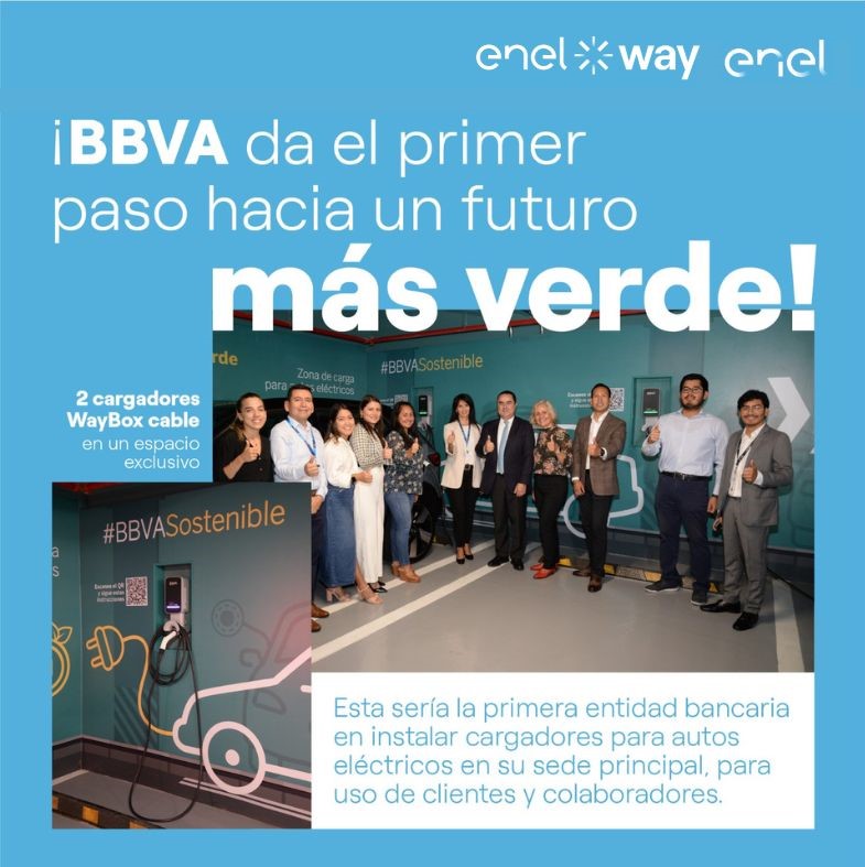 PluzPeru's tweet photo. .@bbva_peru se unió con @enelxway 🇵🇪para implementar 2 cargadores eléctricos en su sede central, convirtiéndose en el 1er banco en el Perú con esta infraestructura.
Sigamos apostando por la #movilidadeléctrica para reducir de la huella de carbono e impulsar la #sostenibilidad. https://t.co/0wdfwx36Ak