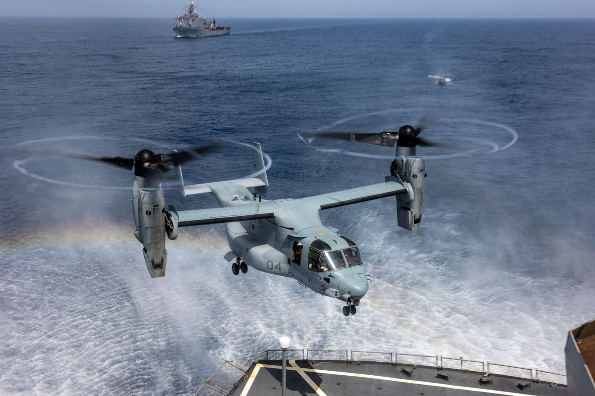 An MV-22 Osprey with the @26MEU lands on the USNS Patuxent during a visit, board, search and seizure exercise in the Atlantic Ocean, April 29.

Maritime Interception Operations are one method by which Marines and the @USNavy combat terrorism, piracy, and smuggling.

#EveryDomain
