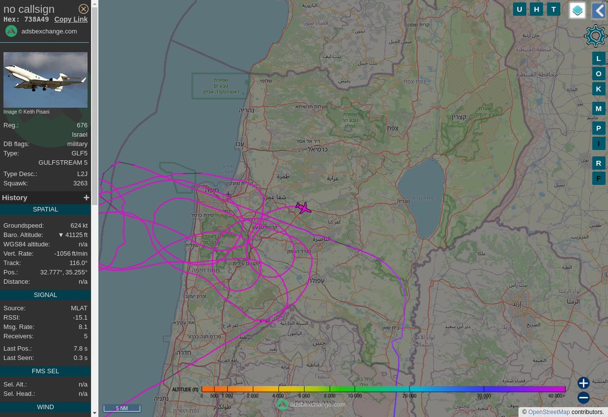 MULTI ADSBX MANOEUVRING ALERT : At time Thu May  4 17:30:57 2023 #@@@@@@@@ was likely to be manoeuvring at FL411 11nm from HFA Haifa_NDB_IL
 near 75, מועצה אזורית עמק יזרעאל, נפת יזרעאל, מחוז הצפו #AvGeek #ADSB globe.adsbexchange.com/?icao=738A49&z…