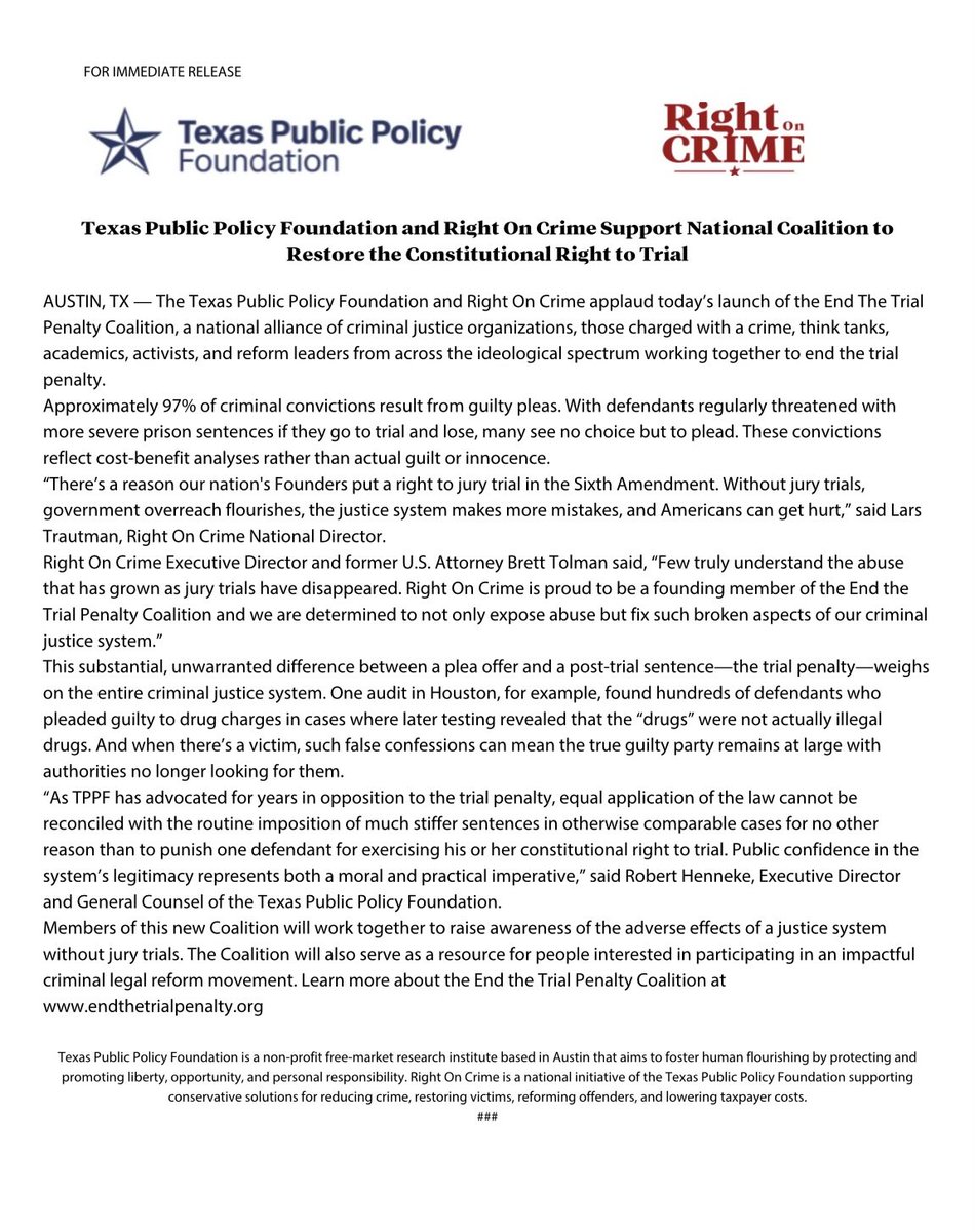 Read our joint statement on preserving the Constitutional Right to Jury Trials. Ending the trial penalty is a critical step in holding our criminal justice system accountable. ⁦⁦<a href="/RightOnCrime/">Right On Crime</a>⁩ ⁦<a href="/TPPF/">Texas Public Policy Foundation</a>⁩