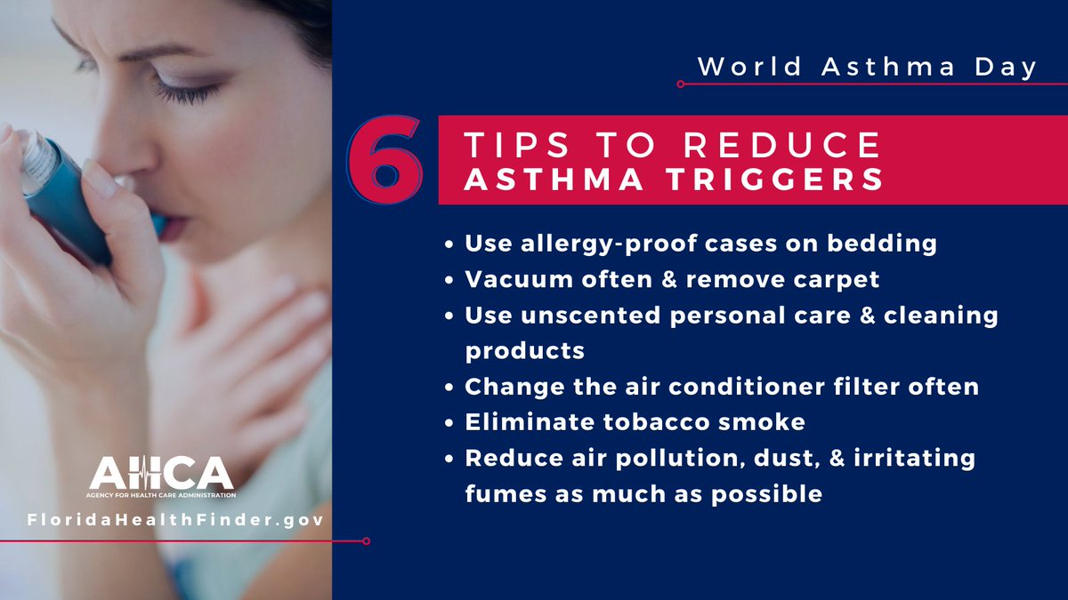 AHCA_FL's tweet photo. Do you or a member of your household have asthma? Follow these quick tips to help reduce asthma triggers.  #WorldAsthmaDay #AsthmaTriggers #FloridaHealthy #FloridaHealthFinder https://t.co/ZCztH5yWv0