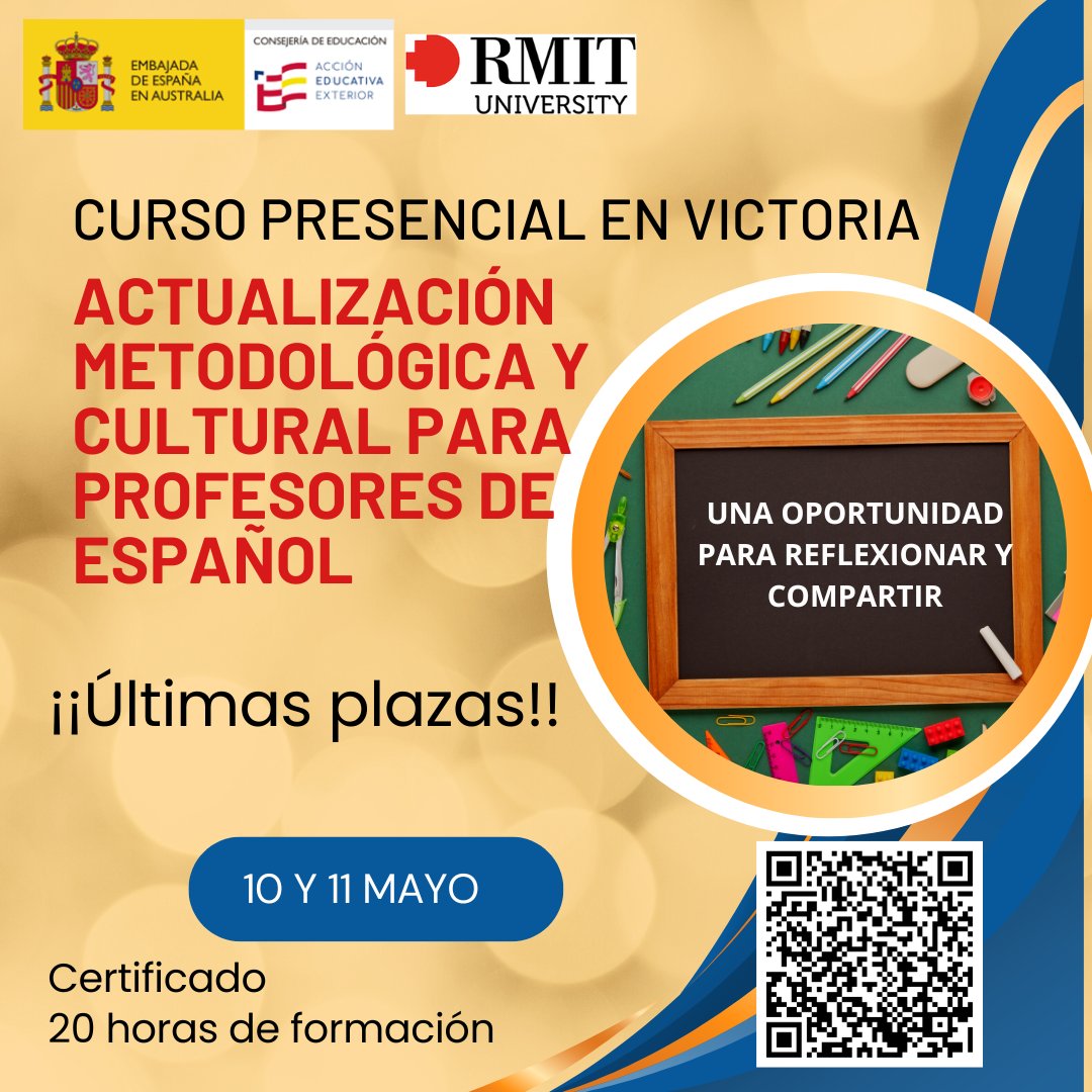 Education Office of Spain in Australasia (@education_spain) on Twitter photo 💁♂️¡¡Últimas plazas de nuestro curso presencial de metodología en Victoria!
✍️Registro/Pago: rmit.edu.au/study-with-us/…
La fecha máxima para el pago es el 5 de mayo.
<a href="/AccEducativaExt/">Acción Educativa Exterior</a> 💁♂️¡¡Últimas plazas de nuestro curso presencial de metodología en Victoria!
✍️Registro/Pago: rmit.edu.au/study-with-us/…
La fecha máxima para el pago es el 5 de mayo.
<a href="/AccEducativaExt/">Acción Educativa Exterior</a>