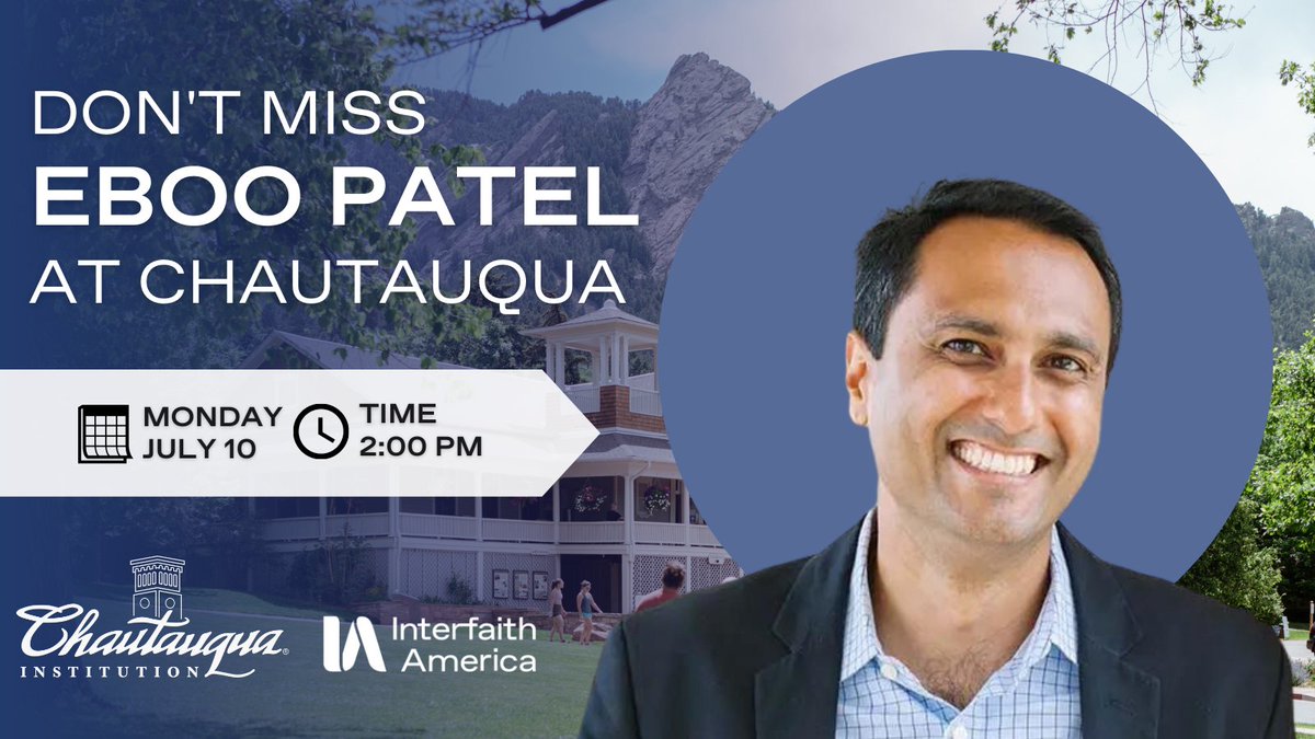 Mark your calendars! 🗓️  

Our President <a href="/EbooPatel/">Eboo Patel</a> will be speaking at @CHQ on July 10, 2023! Don't miss your chance to hear his powerful conversation with our friend <a href="/UlyssesBurley/">UBtheCURE</a>! 

Learn more and register: bit.ly/405smM9