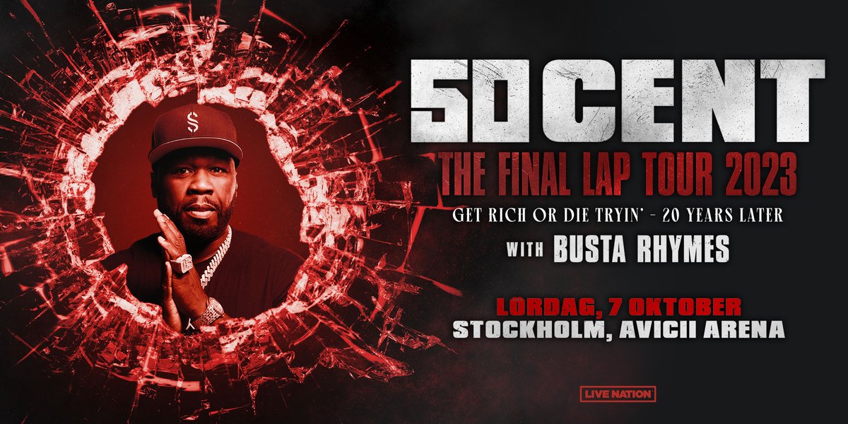 50 Cent åker på världsturné för att fira 20-årsjubileet av sitt debutalbum Get Rich or Die Tryin'! Lördag den 7 oktober intar 50 Cent, tillsammans med Busta Rhymes, Avicii Arena i Stockholm! Biljettsläpp 12 maj 10:00