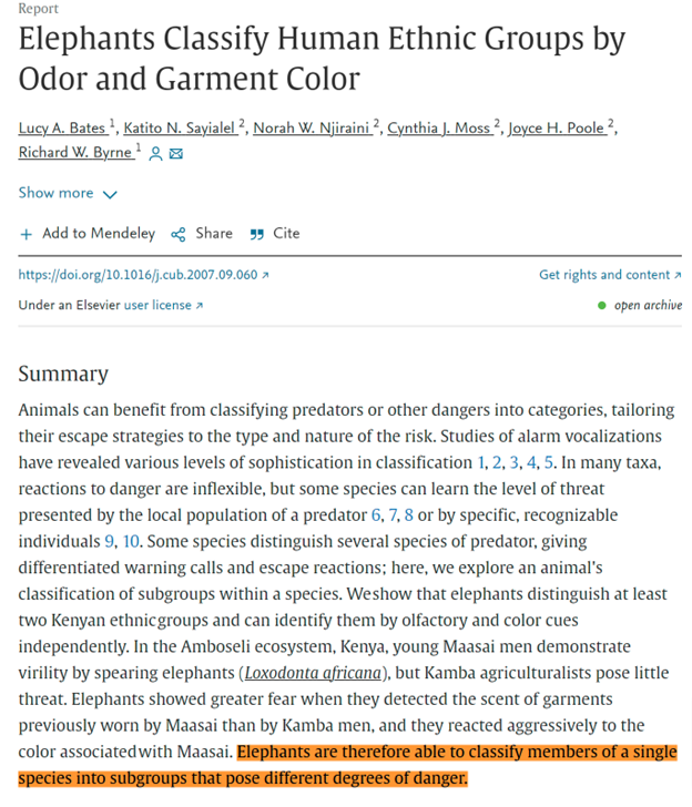 Sloni jsou schopni rozlišit lidi dle etnika pomocí pachových a zrakových vjemů. A na jejich základě upravuji své chování (od Maasaiů jim totiž hrozí smrt, od zemědělců Kamba ne)

Byli by sloni chytřejší, kdyby mezi nimi nerozlišovali, "neházeli všechny Maasaie do jednoho pytle"?