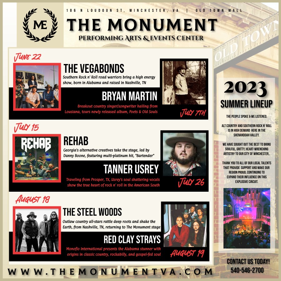 TheMonument_VA's tweet photo. Exciting Summer Line-Up coming to @themonumentva 

@TheVegabonds 
@thebryanmartin 
@TUsreymusic 
@thesteelwoods 
@redclaystrays https://t.co/bYLQT6gNUK