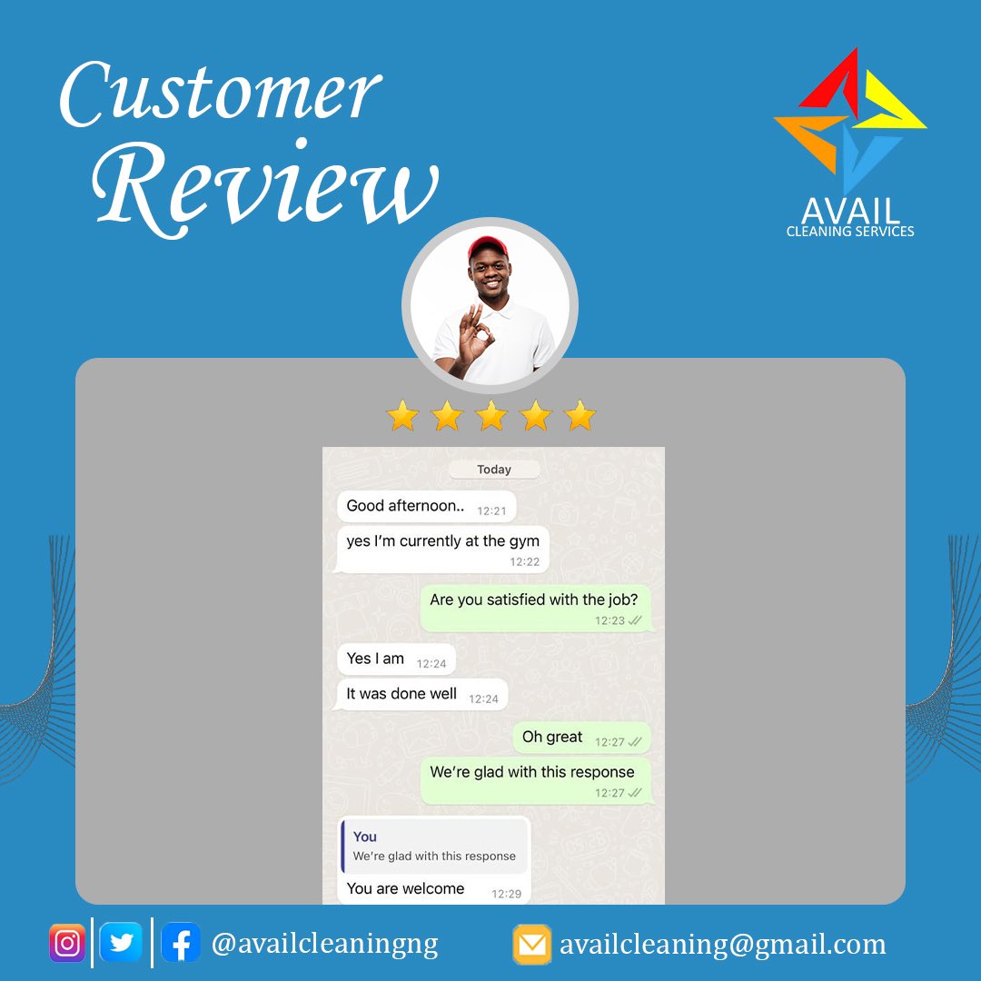 availcleaningng's tweet photo. We also satisfy our customers 👌

#availcleaningservices #availcleaningng #availcleaning #lagoscleaningcompany https://t.co/hPA2PvG2HT