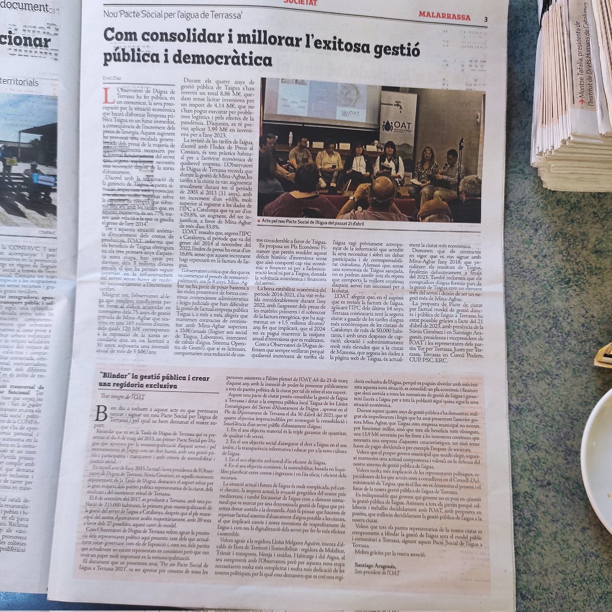 Presentació anàlisi garantia dret humà aigua a #Terrassa Observatori Aigua, cristina barbera <a href="/dantemaschio/">Dante Maschio</a> Enginyeria sense Fronteres amb moviment veïnal <a href="/favterrassa/">Fav Terrassa</a> entitats <a href="/conselltrs/">Consell Entitats TRS</a> <a href="/SindicaTerrassa/">Síndic de Terrassa</a>  <a href="/tauladelaigua/">Taula Aigua Terrassa</a> 
<a href="/pepvalenzuela/">pep valenzuela</a> <a href="/joan_tamayo/">Joan Tamayo</a>