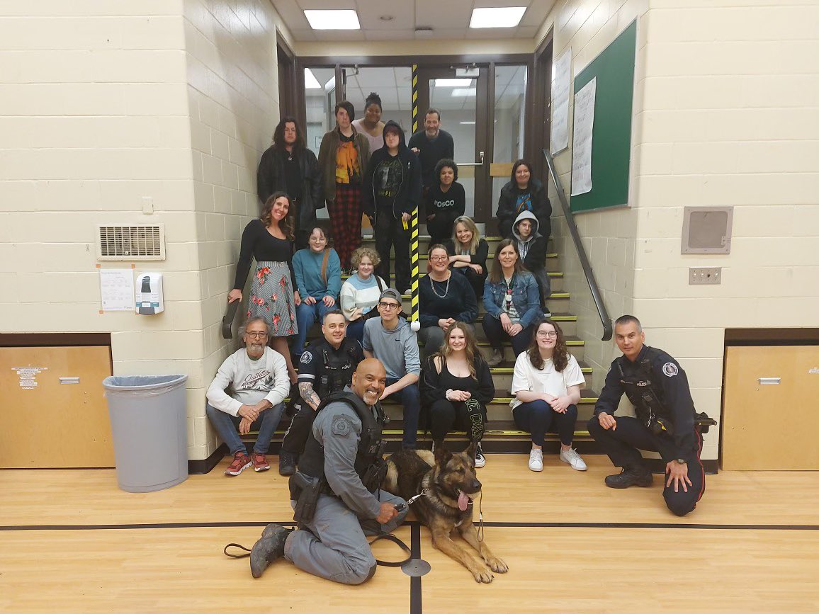 Thanks to Officer Neil and Titan for visiting our school this morning. Sorry Neil, Titan stole the show!  Thanks to our Social worker Colleen and our Community partners James &amp; Mason for organizing our “Conversations With Cops.”#WellingtonCatholic <a href="/GuelphPolice/">Guelph Police Service</a>