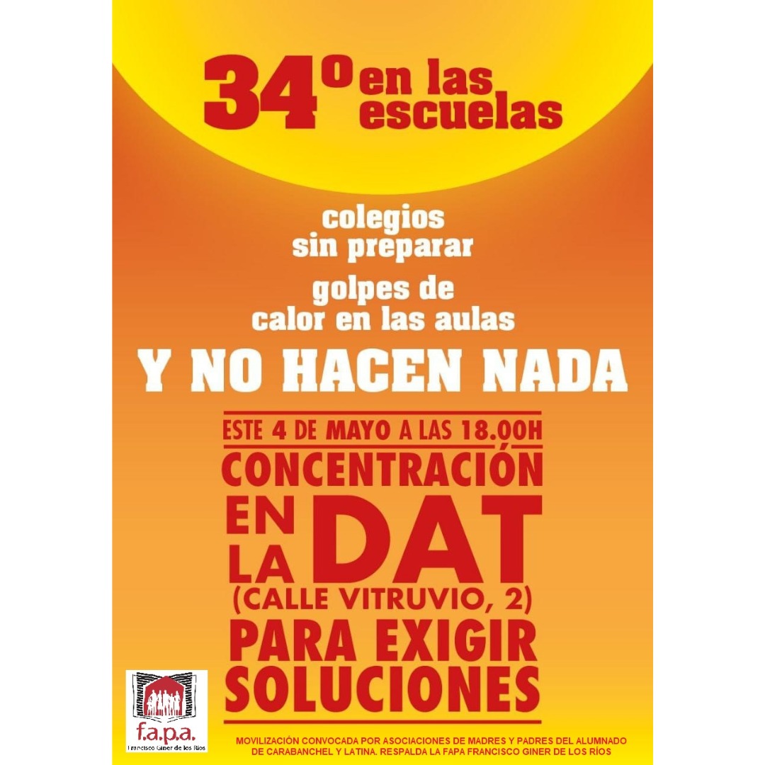 👉🏻Es necesario un PLAN DE SALUD AMBIENTAL ESCOLAR.

Climatizar los centros: toldos,puntos de agua,vegetación para dar frescor y sombras,actualización de infraestructuras...cuestión de prioridad y voluntad política

#CalorAulasMadrid
#ClimatizarCentrosEducativos
#CambioClimático