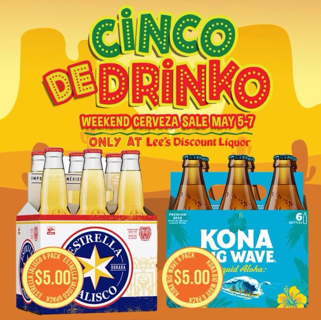 Looking for the perfect way to celebrate Cinco de Mayo? Look no further than @LeesDiscountLiquor for amazing deals on <a href="/EstrellaJalisco/">Estrella Jalisco</a> &amp; <a href="/KonaBigWave/">Kona Big Wave</a>. Happy Cinco de Mayo! 🍻🇲🇽🎉 #CincodeMayo #LeesDiscountLiquor #CelebrateResponsibly #Vegas #LasVegas #NevadaBeverage