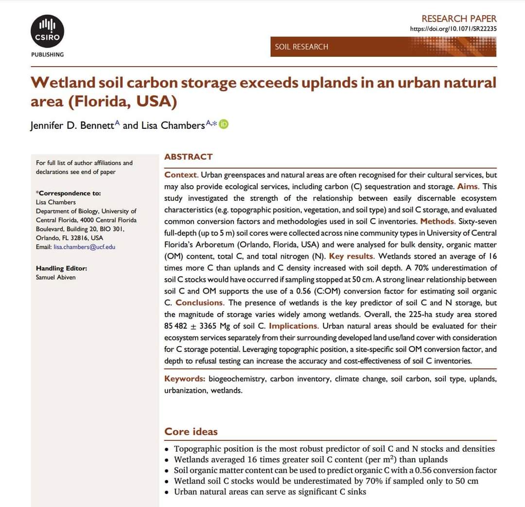 JenBennett_'s tweet photo. Very, very excited to share that my undergraduate research studying urban soil carbon stocks has been published! This project has meant everything to me over the years and I hope it can be helpful to others!

@UCF_Arboretum #soil #soilresearch #research #wetlands #soilcarbon https://t.co/MM61i9lITB