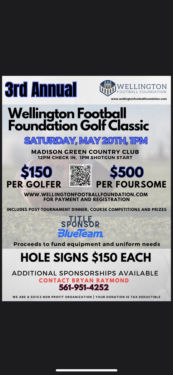 WellyHS_FB's tweet photo. 3rd Annual Golf classic is fast approaching! If you sign up online you and 3 others will receive a free round of golf, courtesy of Madison Green Country Club. Sign up today!! @WellingtonHSFL @WHSFLAthletics @ESPNTop63 @emilee_smarr @ESPNWestPalm @TheKevinFielder https://t.co/RuVfU8sdEv
