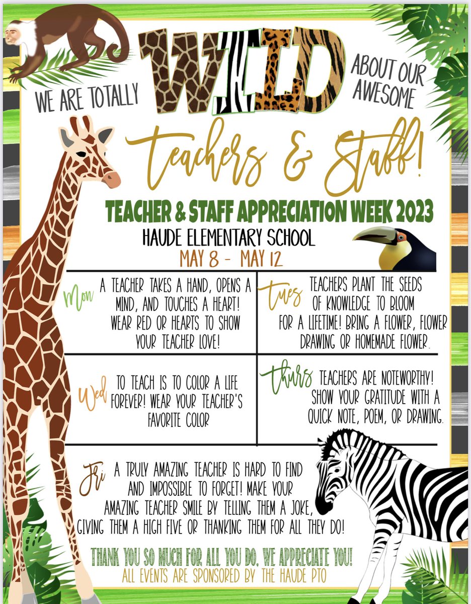 We are looking forward to celebrating Haude Teacher  Appreciation Week next week, May 8-12. Please feel free to participate in as many (or few) days as you would like. 

Thank you for supporting our amazing teachers this year. See teacher wishlists and favorites on Facebook.