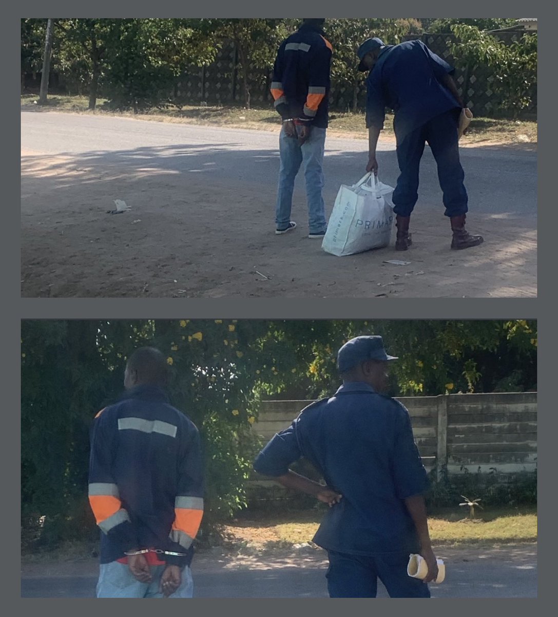 daddyhope's tweet photo. So today a Zimbabwean police-man arrested a suspected burglar/thief in Hatfield, they now needed to go to the police station together with the thief’s loot.

The drama started when both the police officer and his suspect had to wait for public transport to go to the police station.

30 years ago this police officer would be driving, or would have radioed for a car to pick them up.

This is what corruption has done to our country, embarrassing stuff!