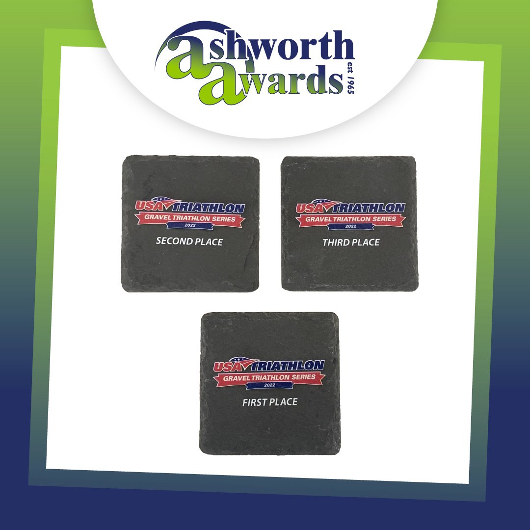 ashworthawards's tweet photo. We love this set of custom slate coasters we created for the @usatriathlon #GravelTriathlonSeries, which allows their greatest champions to display their win with pride and style! #AshworthAwards #Awards #CustomAwards #Coasters #CoasterDesign #CustomCoasters #SlateCoasters https://t.co/4Le2x4Mgnm