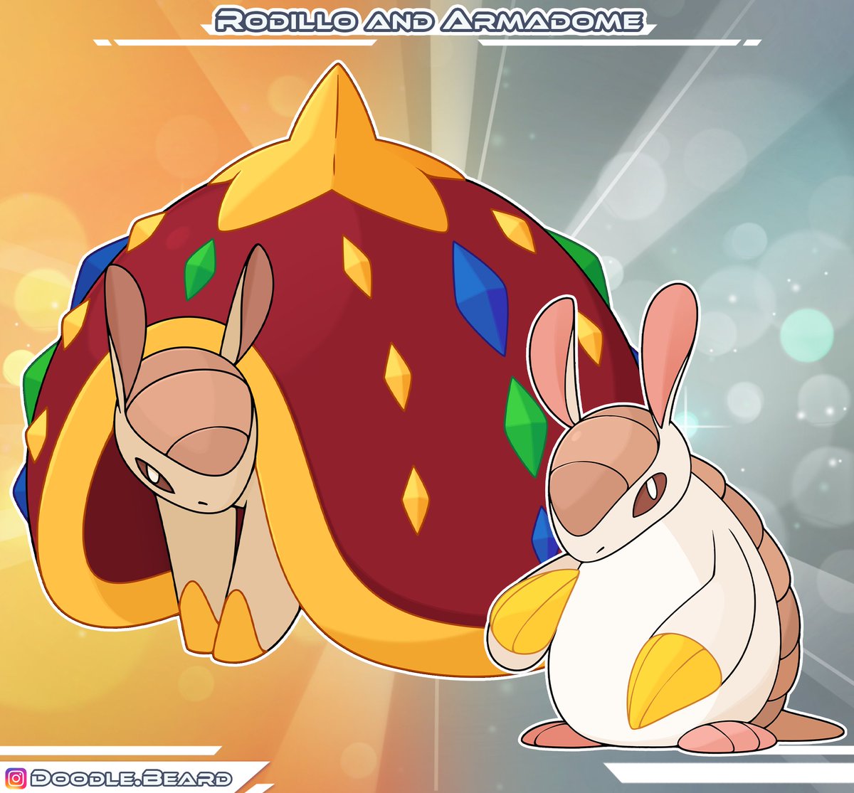 Meet Rodillo and Armadome, Ground/Steel Type Pokemon. #pokemon #fakemon #armadillo #jewel
