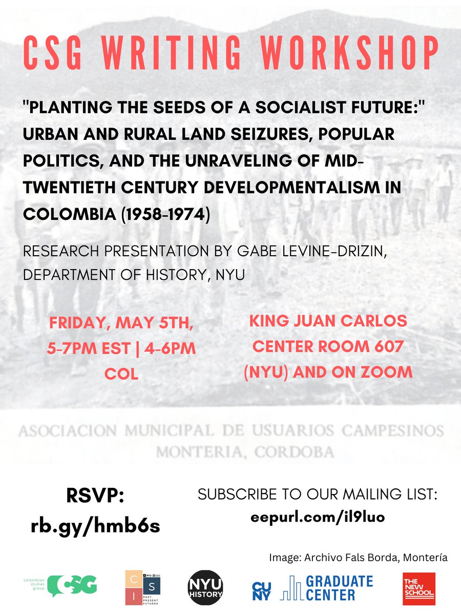 Join us tomorrow @ 5pm! <a href="/gabepld/">Jejeunian Discoteca</a> (NYU History) will present his research on the local  histories of struggle and the connections between urban and rural  movements that characterized the pivotal moment of mass mobilization to  reclaim land in 1960s and 1970s Colombia
