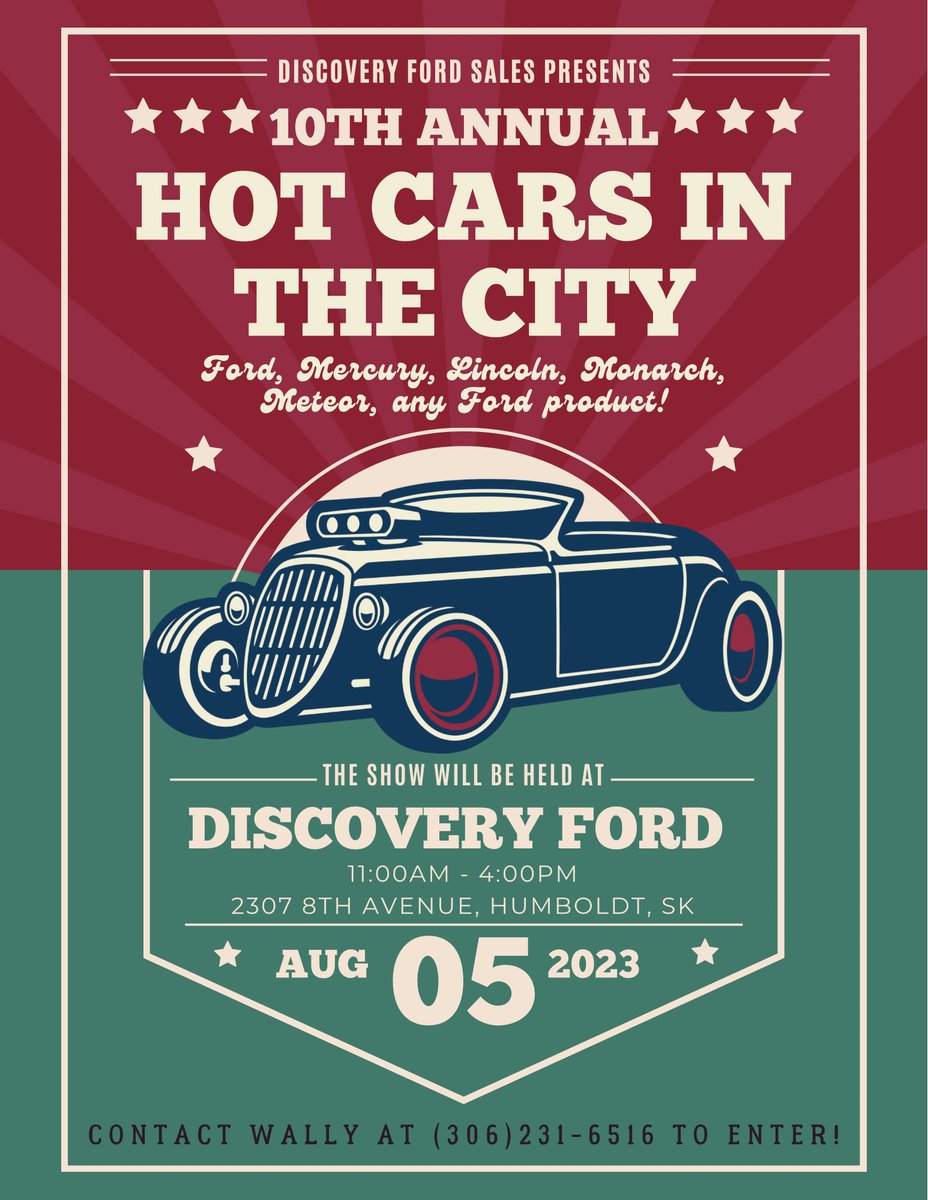 🚗💨 10th Annual Hot Cars In The City Car Show🚗💨

🗓 Date: August 5th
⏰ Time: 11am - 4pm
📍 Location: 2307 8th Avenue, Humboldt

If you are interested in entering your Vintage, Special Interest, Custom or Antique: Ford, Lincoln, Mercury, contact Wally Brecht at 306-231-6516!