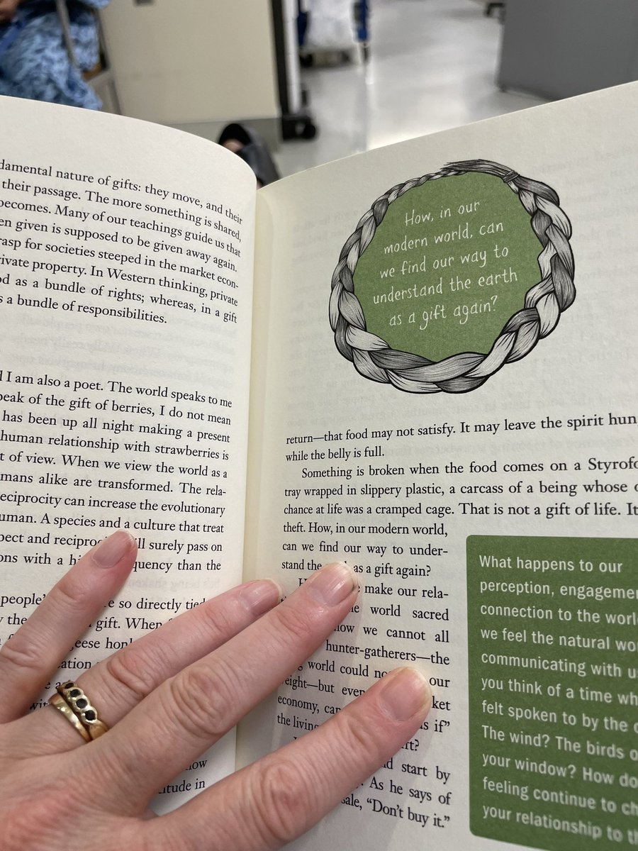 Reading #BraidingSweetgrass while waiting for my surgery. I love how the author explains reciprocity and the gifts of Mother Earth. The difference between a market economy and a gift economy.