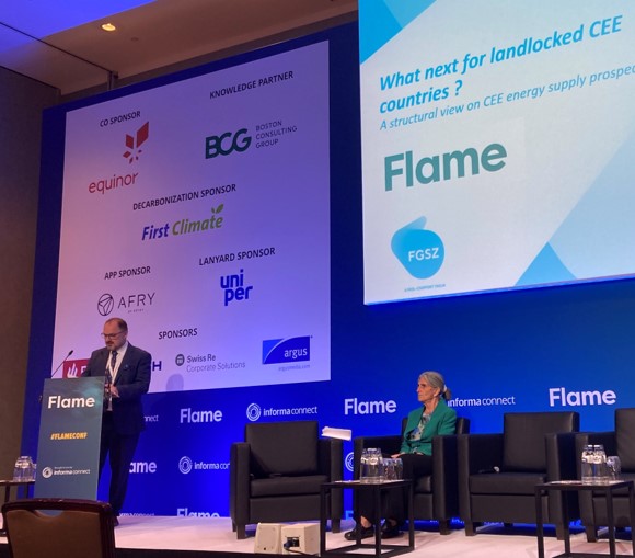 Sz_I_Ferencz's tweet photo. #Flameconf presentation today on landlocked #CEE countries’ #gas supply situation – gradual #infrastructure developments in strong #crossborder #cooperation with neighboring countries will be crucial to ensure access to more alternative #gassources. #diversification #Flame2023 https://t.co/3E16VDIjK6