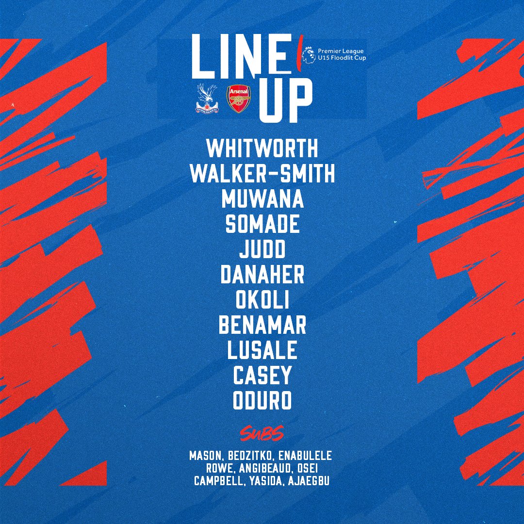 Our U15s are taking on Arsenal, at the Hale End, in the U15 Floodlit Cup South Final tonight 🦅

Here's how we line-up 👊

#CPFC | #FloodlitCup