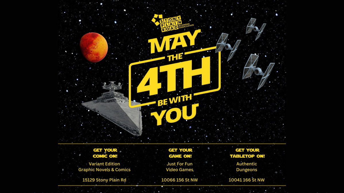 StonyPlainRoad's tweet photo. Looking to spice up you Star Wars Day? Check out some of these Pop Culture havens!
#sprba #stonyplainroad #maythe4thbewithyou #buylocal #shoplocal
@VariantEDmonton
15129 Stony Plain Rd
@JustForFunYEG
10066 156 St NW
@AuthenticDunge1
10041 166 St NW https://t.co/IPXVEaUOvC