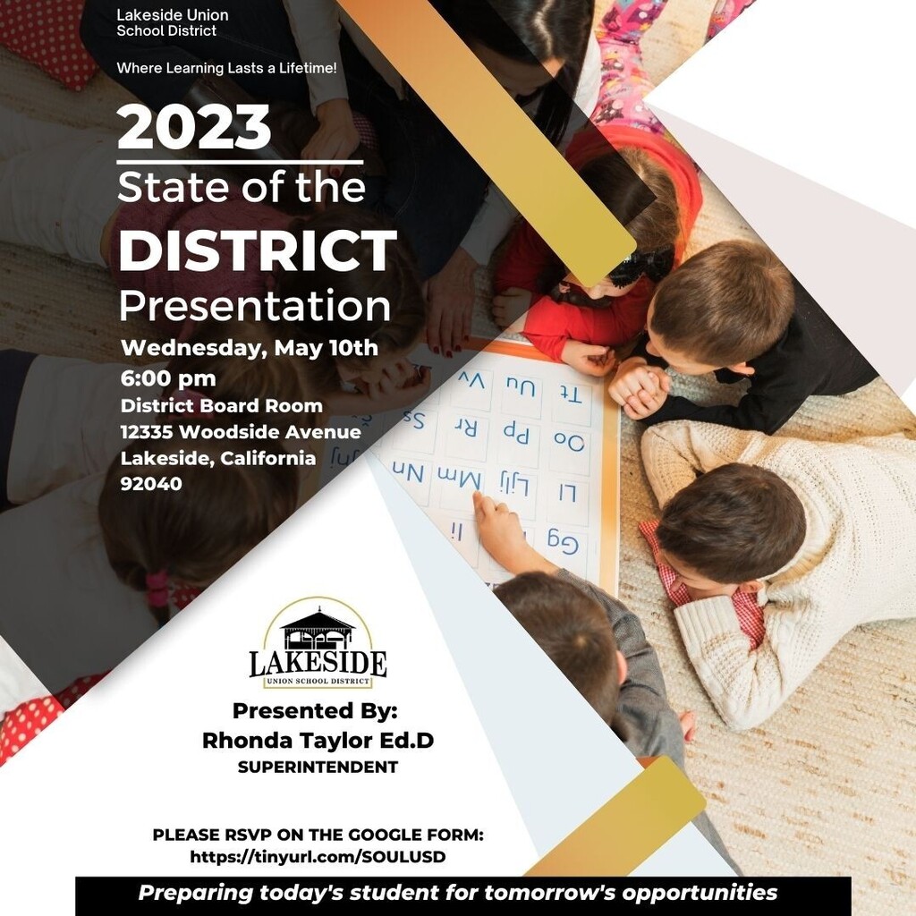 Lakeside_USD's tweet photo. On Wednesday, May 10th, Dr. Taylor will present the State of the District to the community. The presentation will be in the district board room on Wednesday, May 10th @ 6pm. If you would like to attend, please RSVP on the Google Form https://t.co/kAWRG5KsLc https://t.co/XI149pUJBr